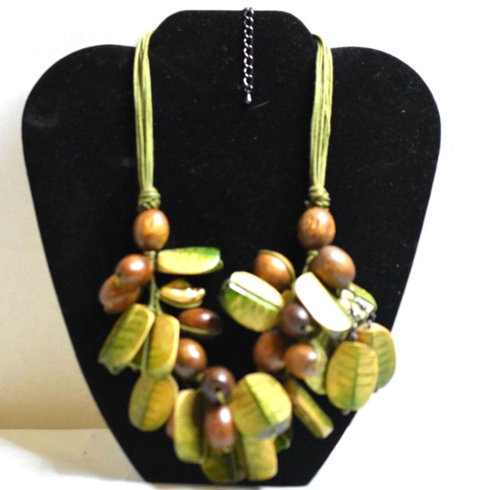 Rare Boho Green Natural Seed/Brown Wood Cluster/Green Suede Cord 18" Necklace